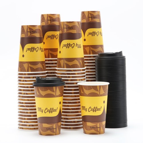 Tamone 100 Pack 16 oz Disposable Coffee Cups with Lids, Paper Coffee Cups with Lids, Cold/Hot Drinking Paper Cups for Water or Juice, Disposable Paper Cups for Home, Office