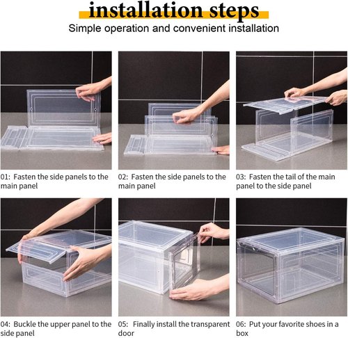Attelite Shoe Box | Set of 6 Stackable Clear Organizers with Magnetic Door - Fits Up to US Size 12, Black