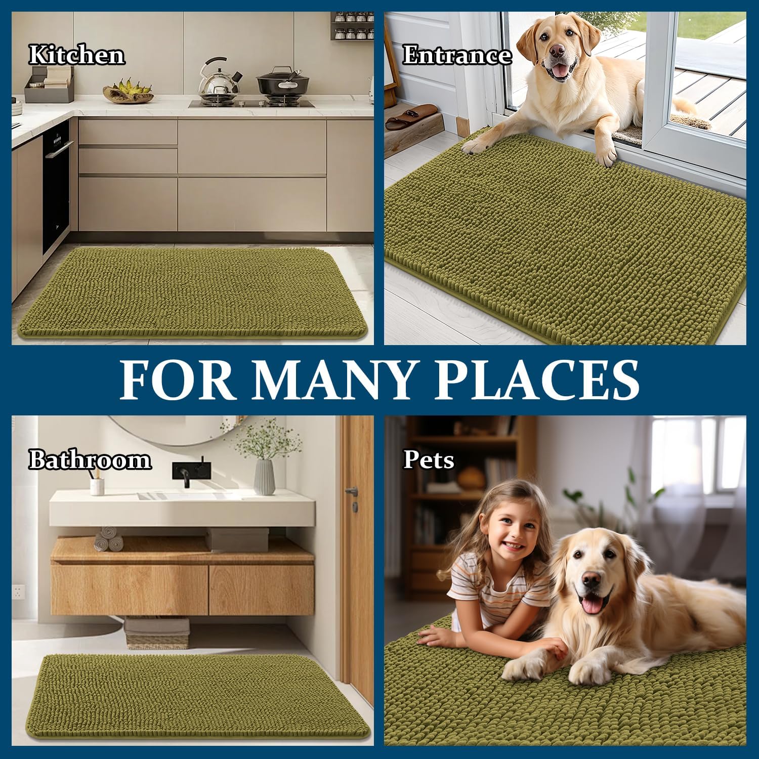 OLANLY Dog Door Mat - Absorbent Non-Slip Mud Mat for Muddy Paws | 70x35 Inches, Quick Dry Chenille, Willow Green