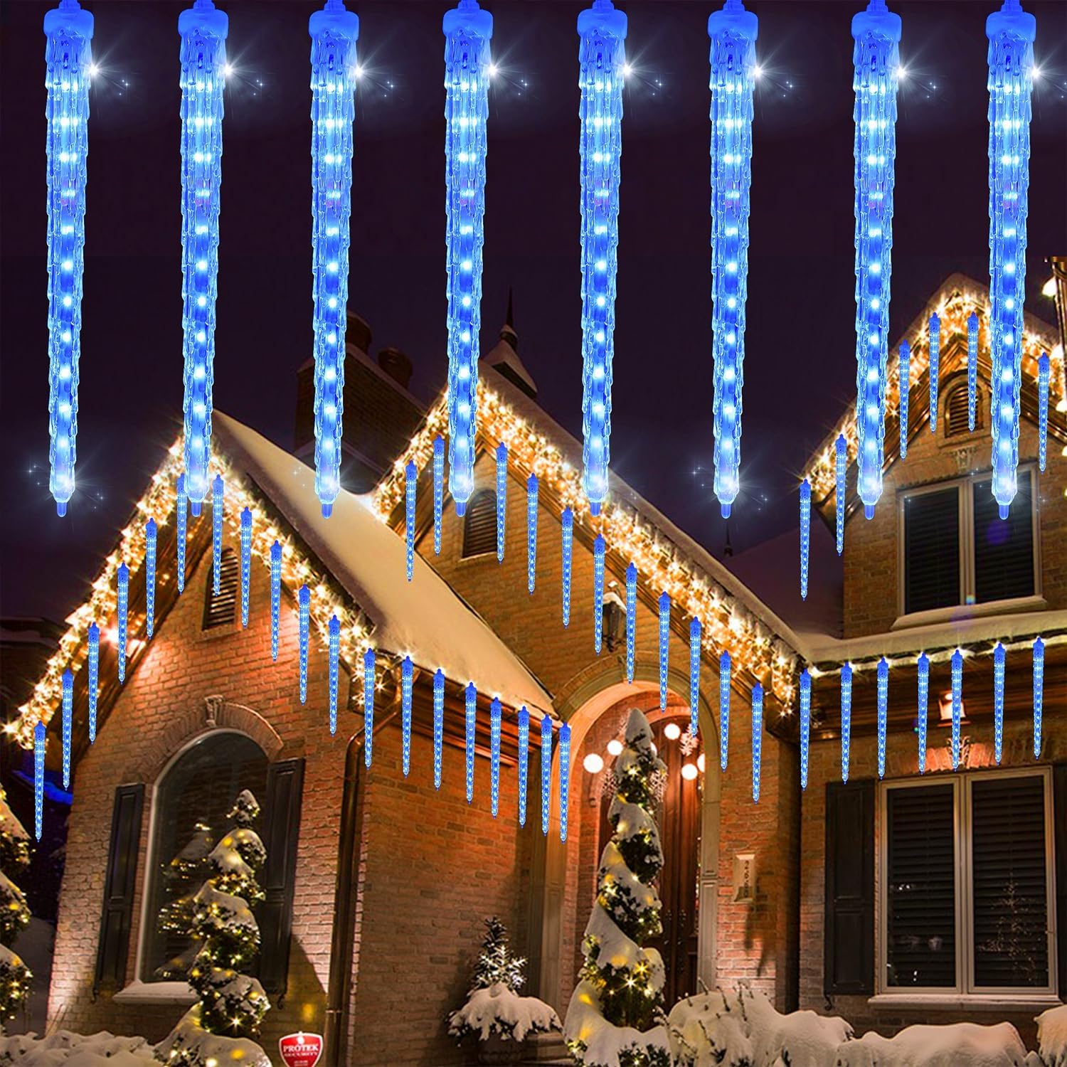 WATERGLIDE 16 Icicles Meteor Shower Lights - 12" Connectable Blue LED Christmas Decor | 384 SMD Crystal Ice Lights