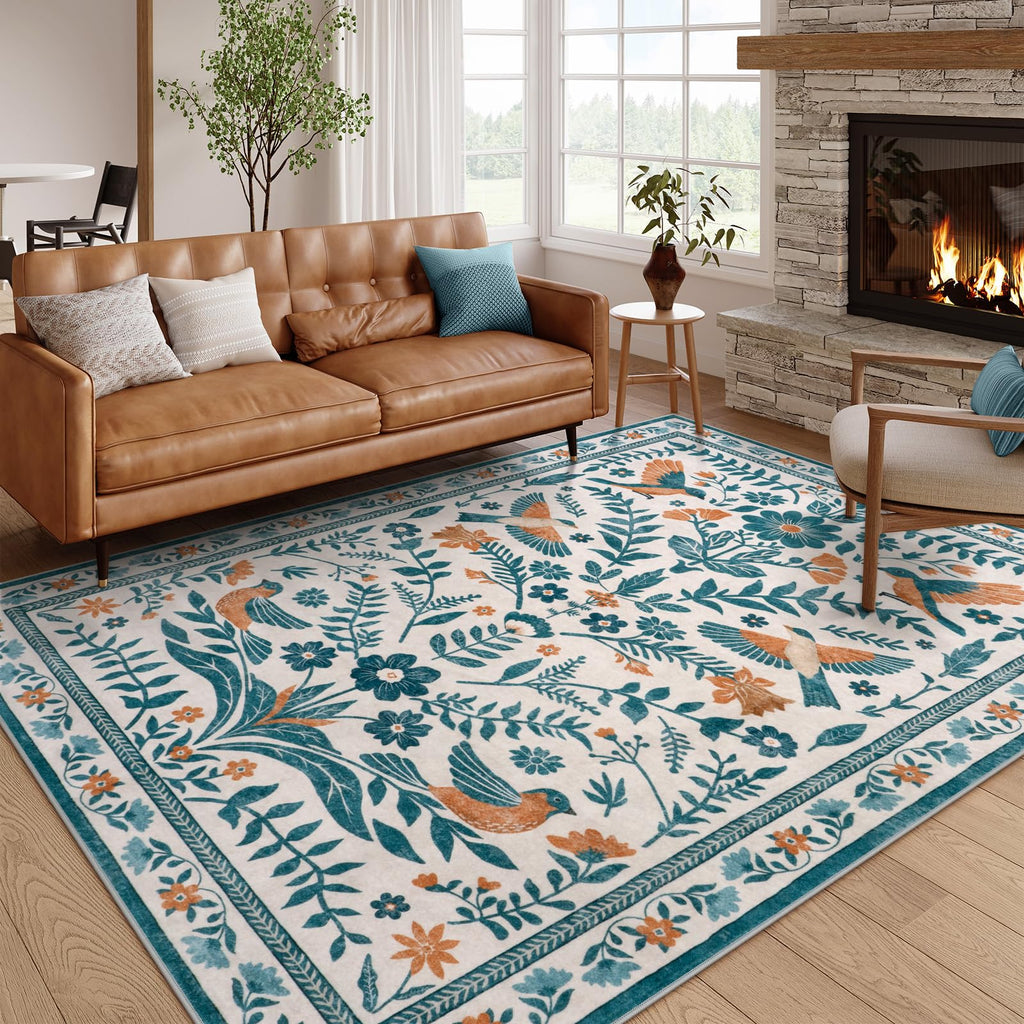LIVEBOX Washable Rug 8x10, Floral Area Rugs with Birds, Non Slip Soft Vintage Large Living Room Rug Bedroom, Apartment, Nursery Room, Cute Animal Rugs for Kids Daughter Baby, Beige