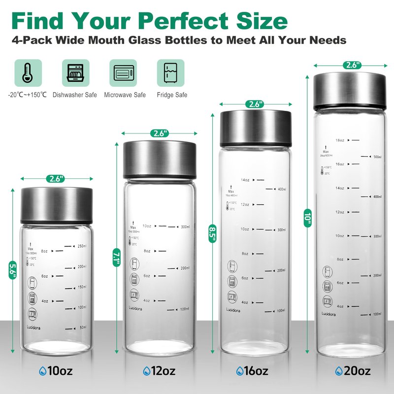Lucidora 4 Pcs 12oz Glass Juice Bottles with Lids, Wide Mouth Glass Water Bottles with Measurement Markings Reusable Borosilicate Bottle for Juicing Smoothies Beverages, Leakproof Stainless Steel Caps