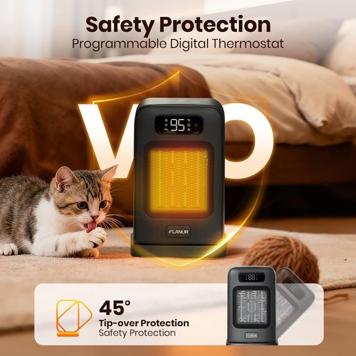 FLANUR 1500W Space Heater - Compact Indoor Desk Heater with Remote, Thermostat & 12H Timer | Oscillating Black Design