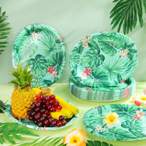 Pickmesh 50 Pcs Hawaiian Luau Oval Paper Plates 10" x 12" Hawaiian Tropical Disposable Plates Green Leaves Dinner Serving Cinco De Mayo Decorations for Aloha Summer Birthday Beach Party Supplies
