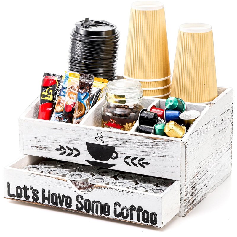 Nicunom Coffee Station Organizer for Countertop, Coffee Bar Accessories Organizer Rustic Wood K Cup Espresso Pod Holder, Coffee and Tea Condiment Storage Caddy for Cups, Coffee Pods, Sugar, Syrup