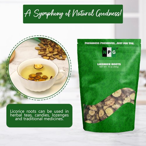 NPG Licorice Root Slices 16 Oz, Gan Cao Slice Root for Home Tea, Traditional Chinese Herbal Tea, Ingredient for Baking, Beverage Mix, Pure Liquorice Flavor, Resealable Bag for Freshness