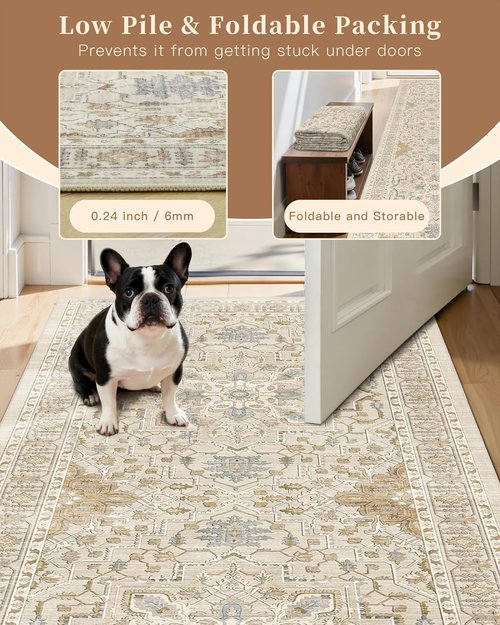 Madane Hallway Runner - Vintage Washable Kitchen Rug | Non-Slip Indoor Area Carpet (3x8, Beige/Blue)