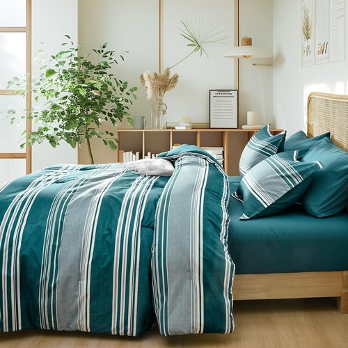 PHF 7 Pieces Queen Comforter Set, Striped Bed in A Bag, Teal Green Stripe Bedding & 18" Deep Pocket All Season, Ultra Soft Bedding Sets with Comforter, Sheets, Pillowcases & Shams