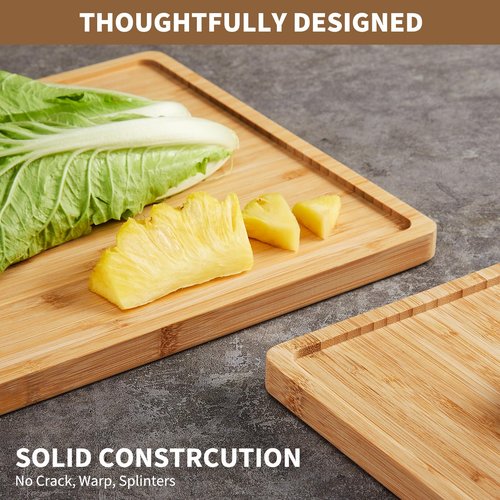 GarveeHome Bamboo Wood Cutting Boards Set of 3 with Holder – Kitchen Chopping Boards with Inner Handle and Deep Juice Groove, Ideal Serving Trays for Fruits, Meats, Cheeses, and Veggies