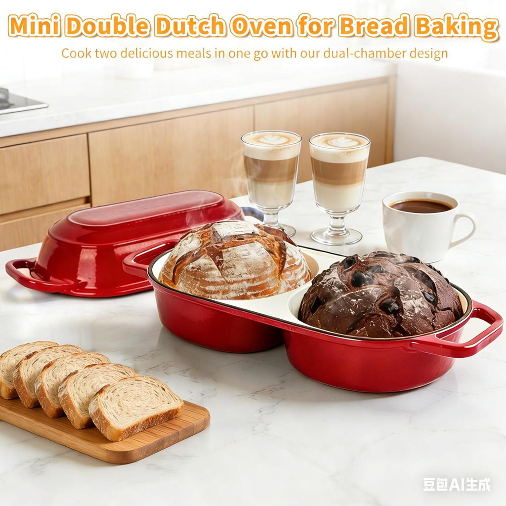 Skiennix Mini Double Dutch Oven - Enameled Cast Iron 2.2QT Pot for Sourdough Baking | Oven Safe to 500°F