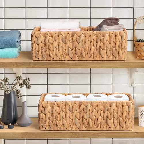 JS HANGER Round Paper Rope Storage Basket - Decorative Wicker Baskets for Organizing | 2 Pack Water Hyacinth