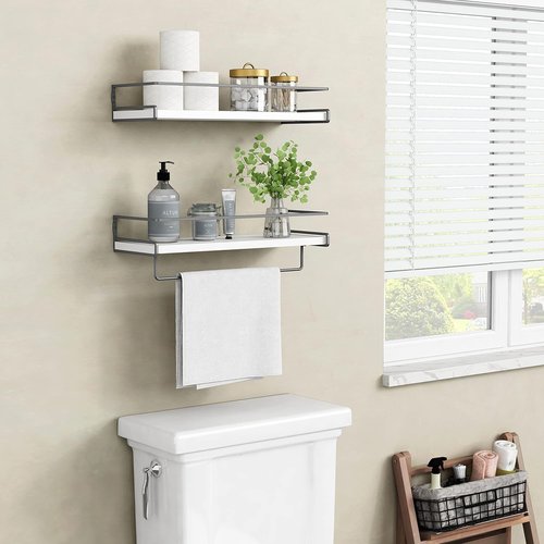 Forbena Floating Bathroom Shelves - Wall Mounted Organizer with Towel Rack | Set of 2 (White-Dark Grey)