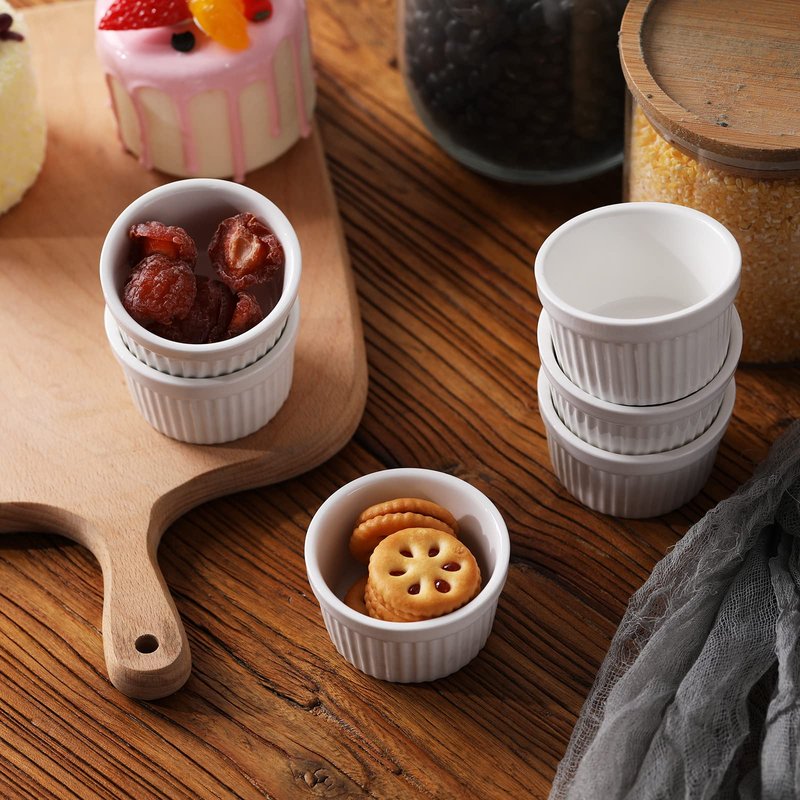 3 oz Ramekins 6 pcs Porcelain Ramekins Dishes for Souffle,Creme Brulee, Pudding, Custard Cups,Bakeware Bowls Set for Baking,Oven Safe, White 2.75 inch