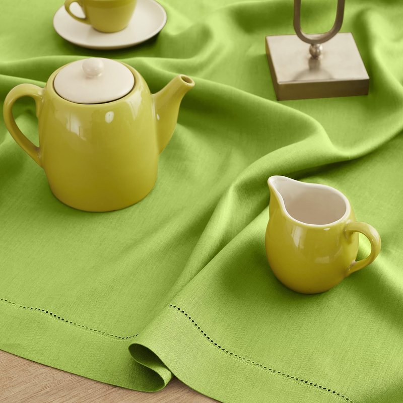 Solino Home Linen Tablecloth for Rectangle Tables 60 x 90 Inch - Classic Hemstitch 100% Pure Linen Lime Green Table Cloth - Machine Washable Cloth Tablecloth for Spring, Summer