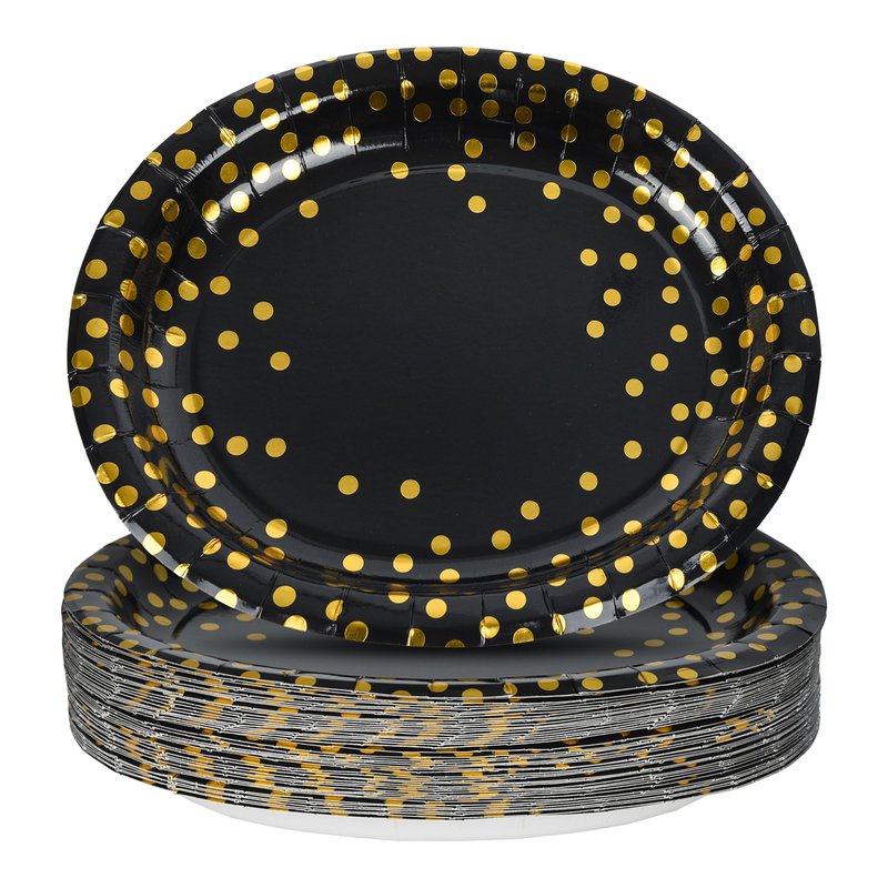 AimFun Black Gold Oval Paper Plates Golden Polka Dot Disposable Oval Party Platters 10" X 12" Large Decorative Serving Tray for Graduation Wedding Bridal Party Supplies (50, Black Gold)