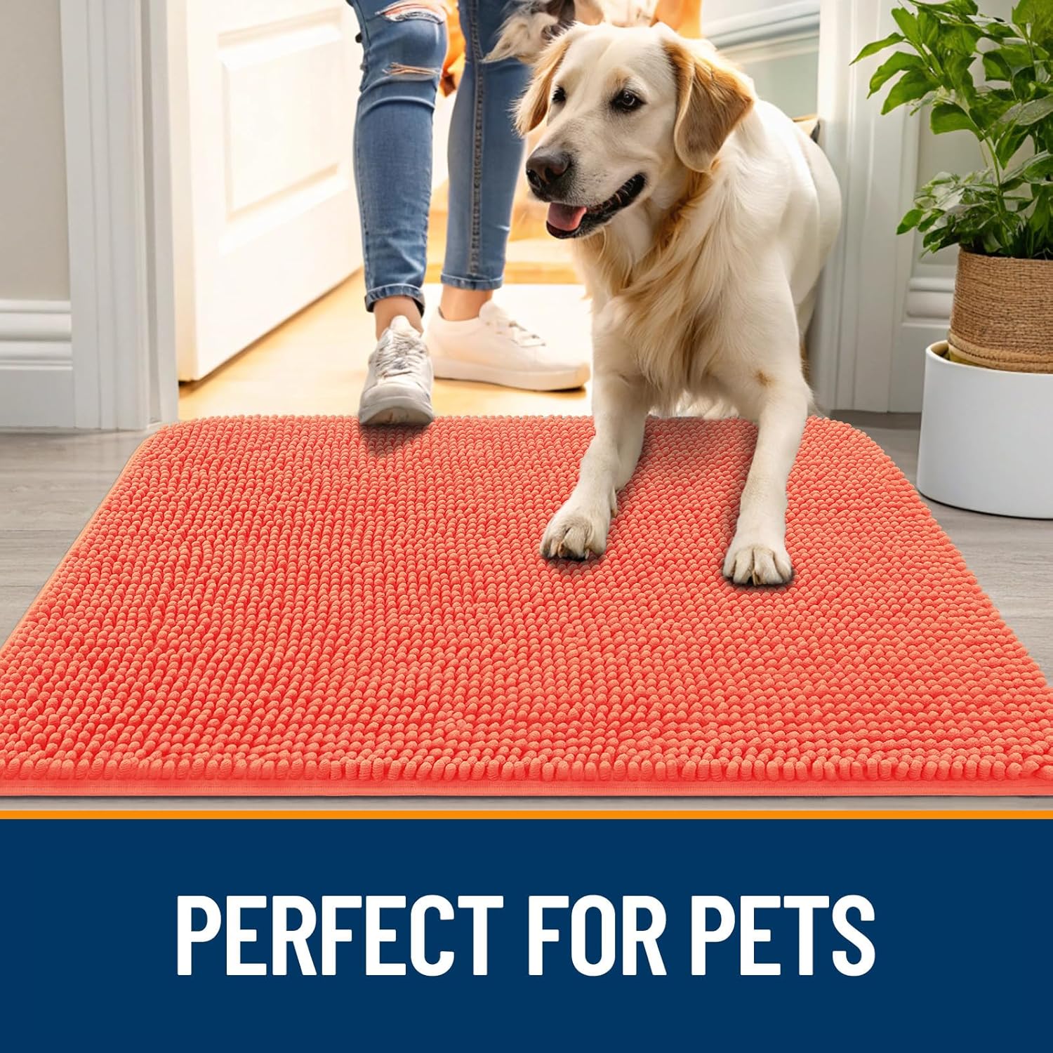 OLANLY Dog Door Mat - Absorbent Non-Slip Chenille Mat for Muddy Paws | 34x21 Coral Indoor Carpet