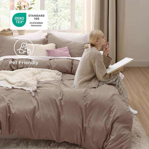 Bedsure Khaki Duvet Cover Set - Extra Soft Cotton-Like Polyester, Full Size 3-Piece 80x90 Inches with Zipper Closure