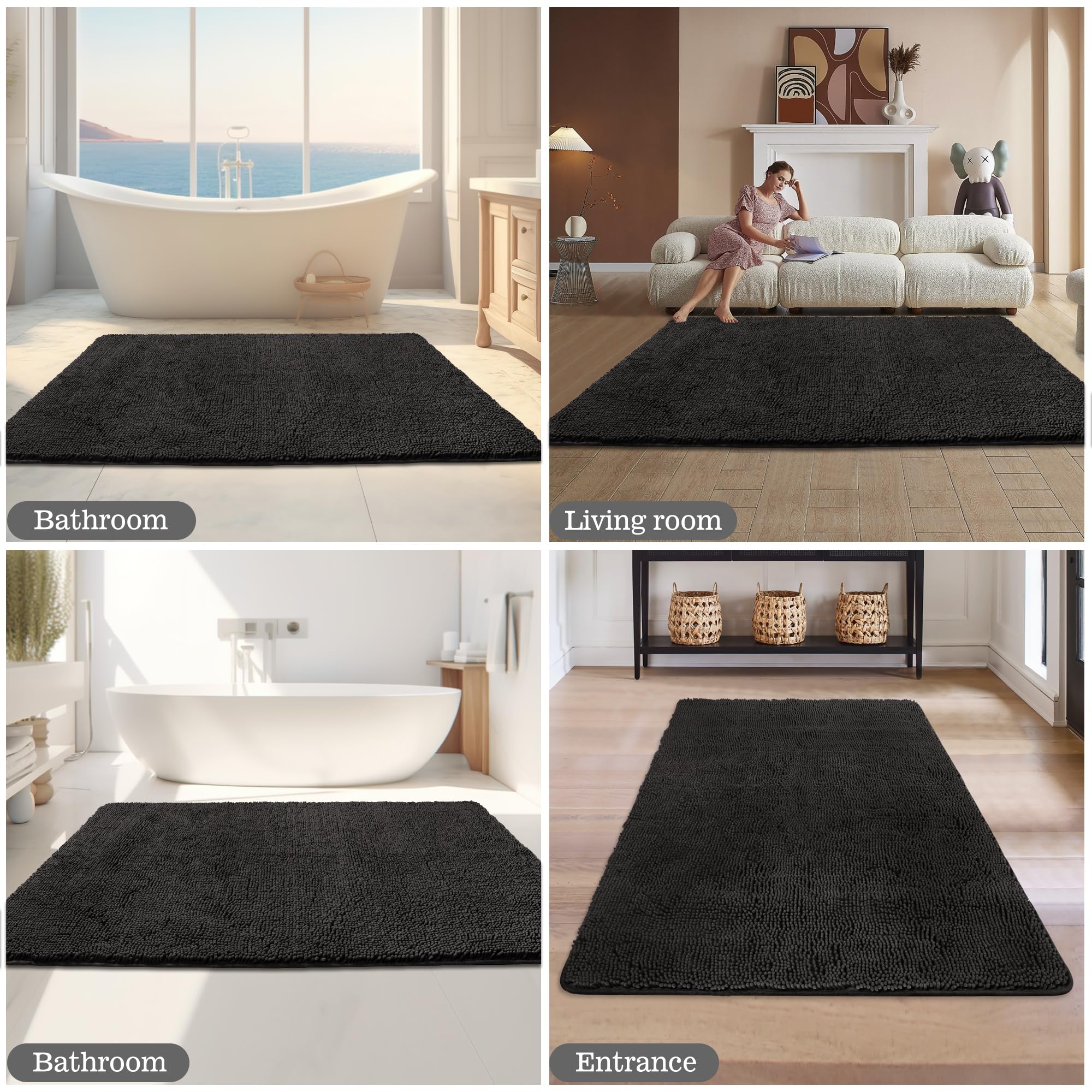 Yeaban Large Bathroom Rug 36"x60" – Thick Chenille Long Bath Mat | Absorbent and Washable Extra Large Bath Rug Non-Slip, Soft Runner Rug for Bathroom, Shower, Sink - (Black)