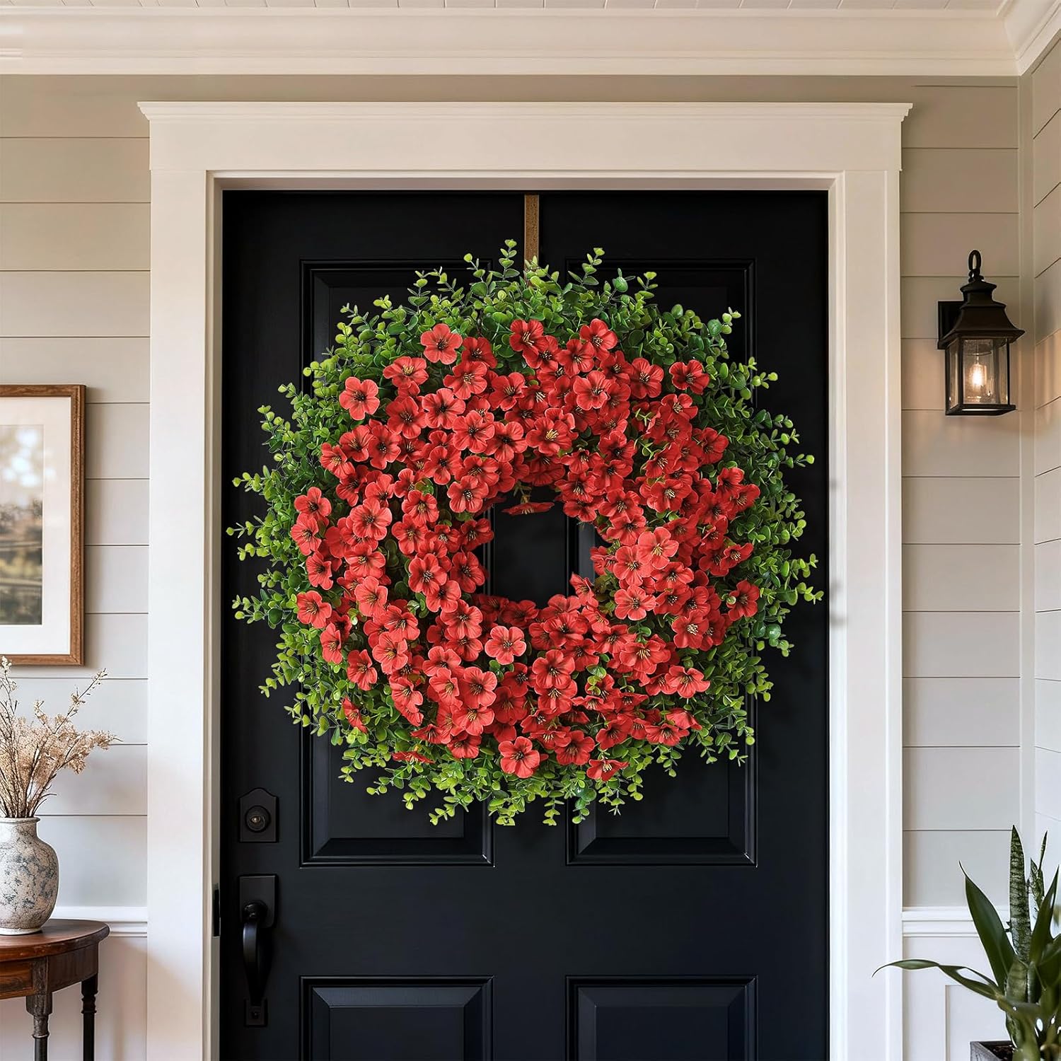 Skiennix 26" Large Artificial Eucalyptus Wreath - Realistic Silk Morning Glory Flowers for Home & Wedding Decor (Red)
