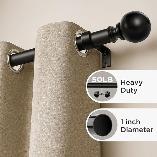 Joydeco Black Curtain Rods - Heavy Duty Adjustable Design for Windows 32-120 Inches | 1 Inch Diameter