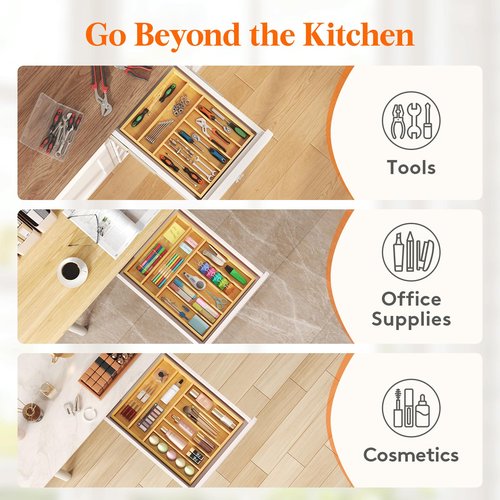 Lifewit Silverware Drawer Organizer, Utensil Tray for Kitchen, Flatware and Cutlery Holder, Storage for Spoons Forks Knives, 33 x 42cm, Natural