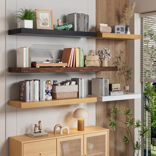 Heimlove Floating Shelves - 48"W x 12"D Black Wood Wall Shelves | Set of 2 for Home & Office