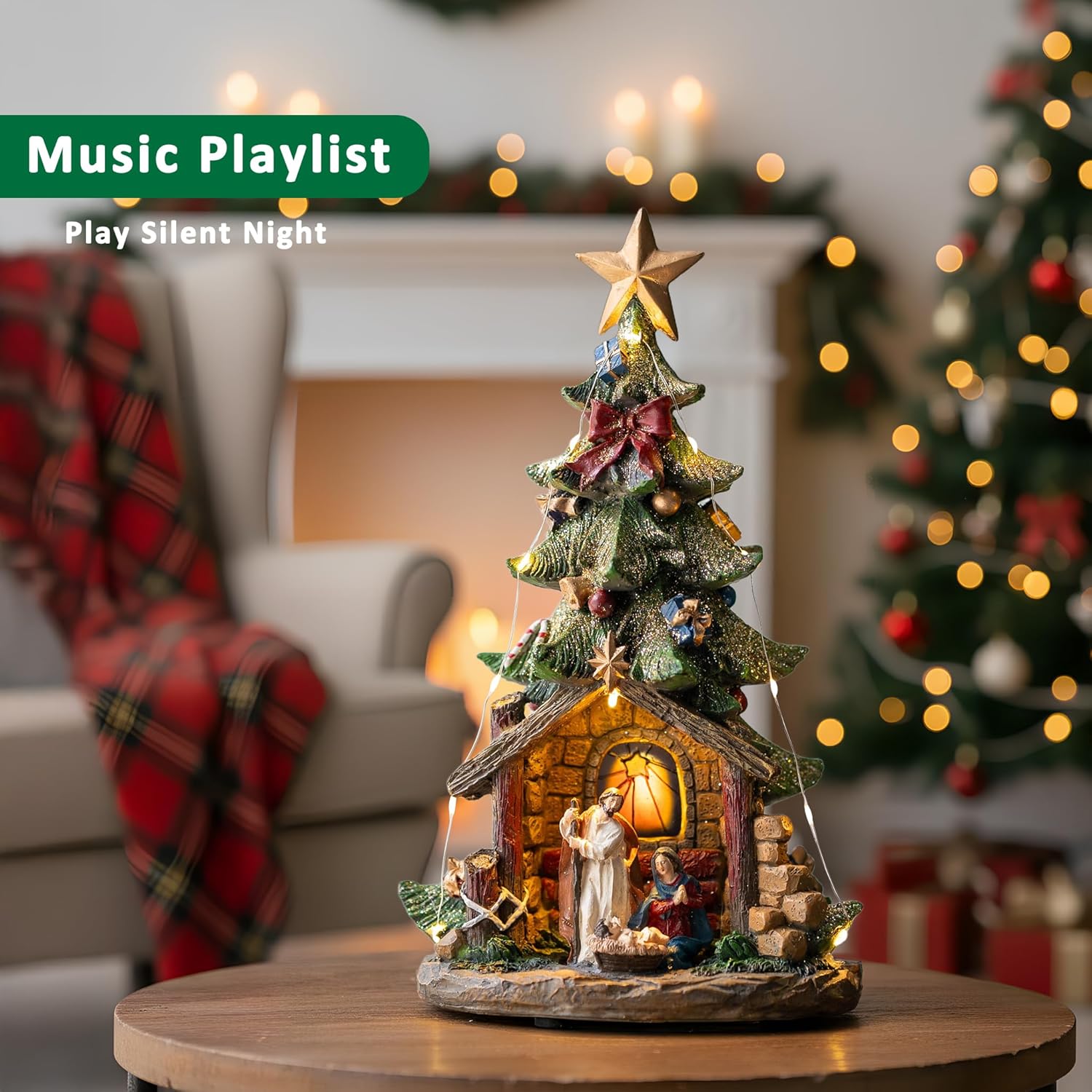 VISFLAIR 12'' Christmas Tree Nativity Scene - Lighted Musical Holy Family Figurines with LED & Silent Night Music