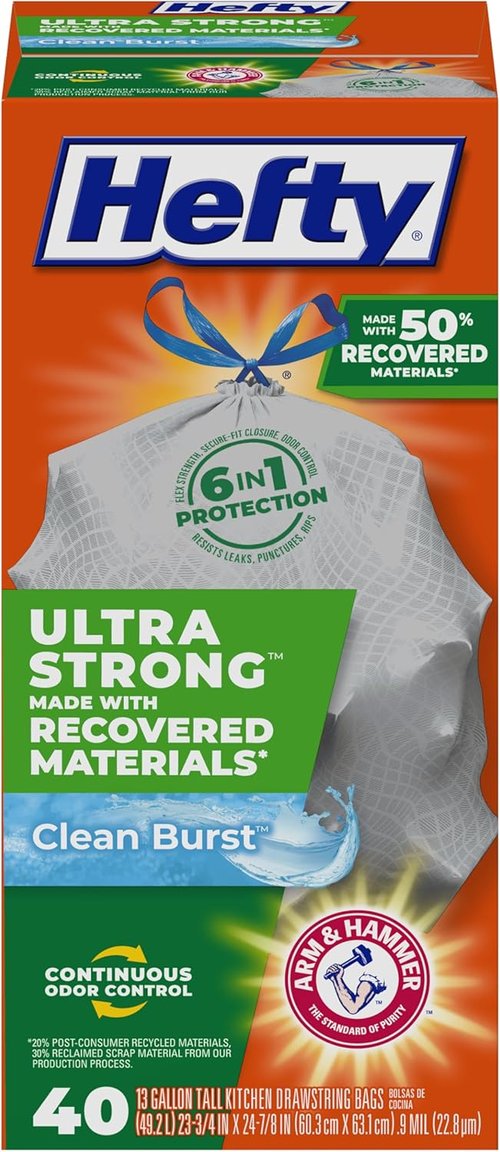 Hefty Ultra Strong Tall Kitchen Trash Bags - 50% Recovered Materials, 13 Gallon, Gray, 40 Count