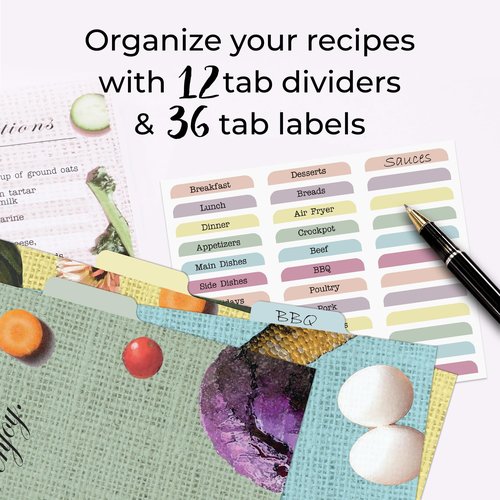 CraftSaints Recipe Binder 8.5x11, 3 Ring DIY Cookbook Binder Kit 12 Dividers & 25 Plastic Sleeves & 25 Recipe Pages & 36 Labels, Recipe Organizer Binder Kit, Recipe Book (Vegetable)