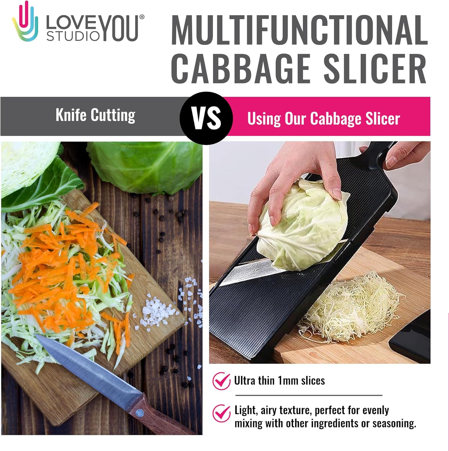 Smart Cabbage Slicer - Ultra-Thin Julienne Cutter with Japanese Stainless Steel Blade | 0.04 Inch Shredder