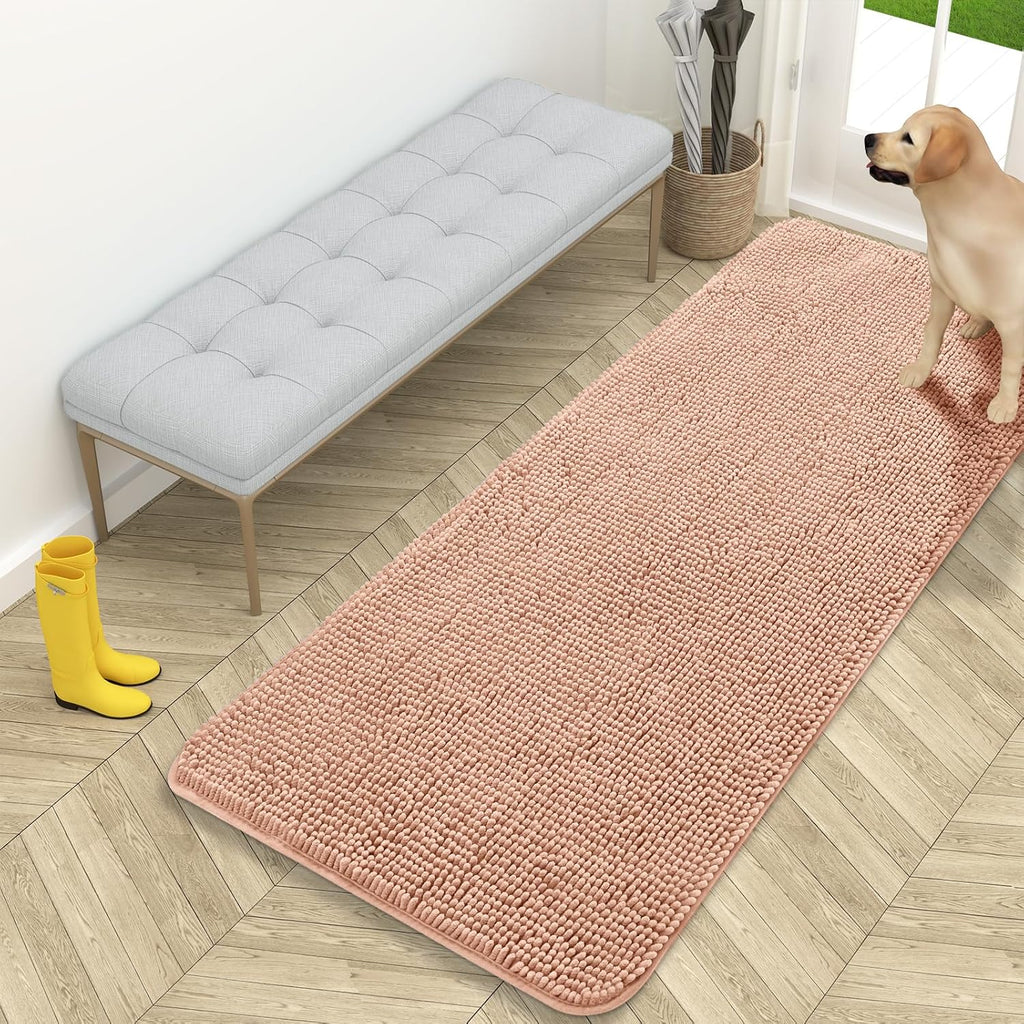 OLANLY Dog Door Mat - Absorbent Non-Slip Washable Doormat for Muddy Paws | 59x24 Inches, Quick Dry Chenille, Peach