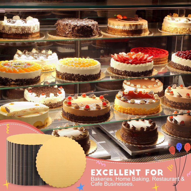Eaasty 100 Pack Gold Cake Boards Round Cake Base Boards Disposable Plate Scalloped Bases Round Coated Circle Trays Base for Dessert Party Supplies(8 Inch)