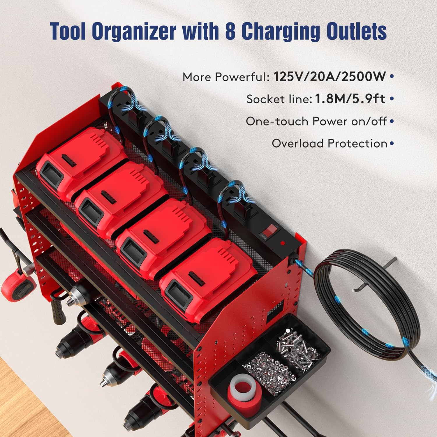 Power Tool Organizer by Heavy Duty - Wall Mount with Charging Station & Adjustable Shelves | Holds 4 Drills