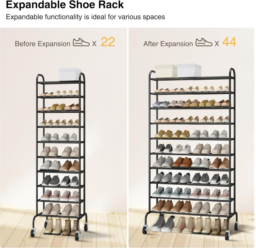 STO STO Expandable Shoe Rack - 10-Tier Metal Organizer for Up to 44 Pairs | Adjustable Storage in Black