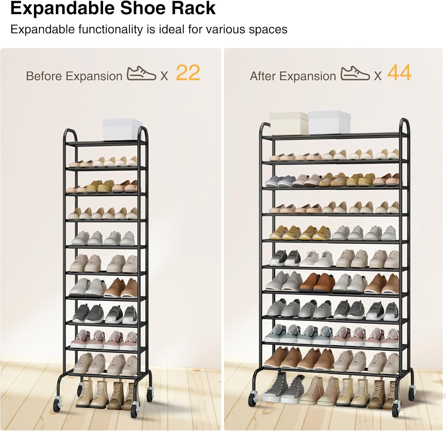 STO STO Expandable Shoe Rack - 10-Tier Metal Organizer for Up to 44 Pairs | Adjustable Storage in Black