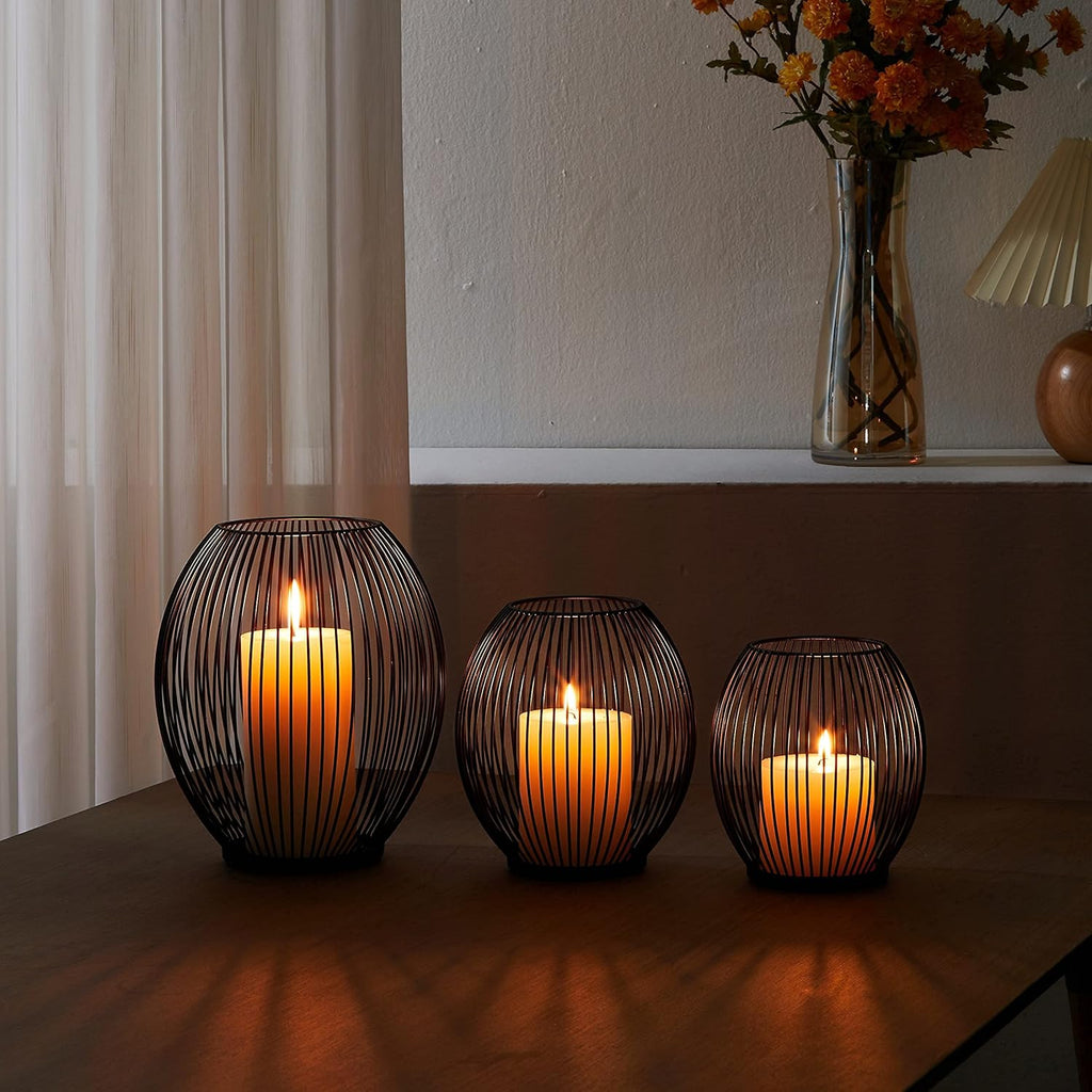 OLEEK Outdoor Candle Holders - Black Wire Pillar Candle Holders for Patio & Table Centerpiece - Iron Lantern Decor