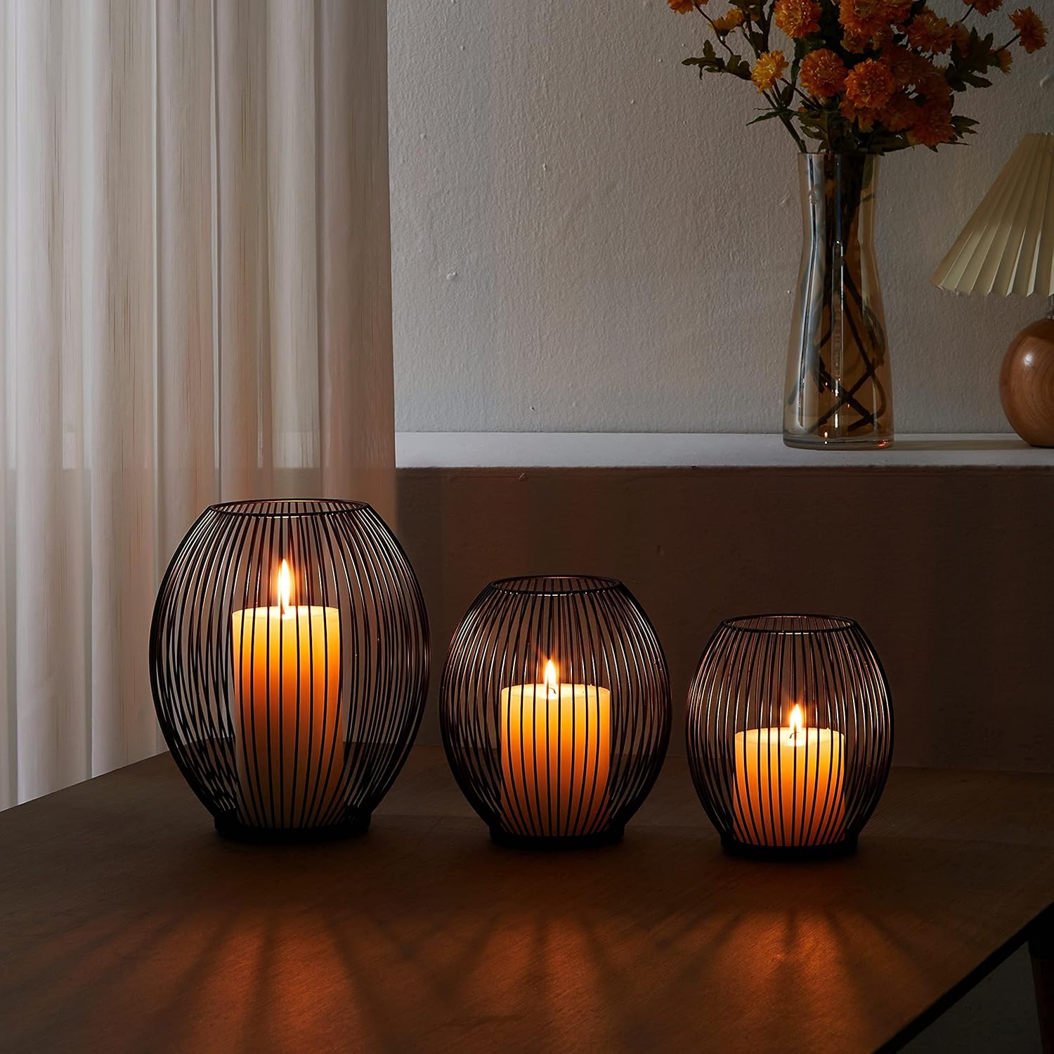 OLEEK Outdoor Candle Holders - Black Wire Pillar Candle Holders for Patio & Table Centerpiece - Iron Lantern Decor