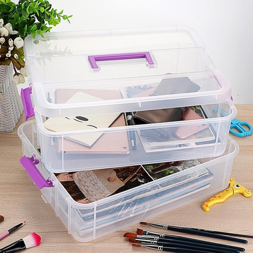 JUXYES Stackable Storage Box - 2-Tier Transparent Design with Handle for School & Office Supplies
