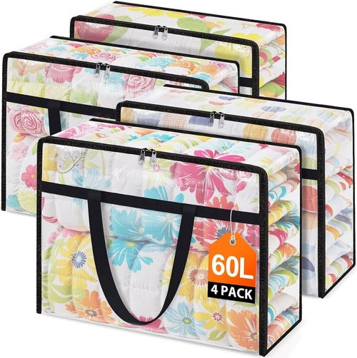 Clear Under Bed Storage Containers - 4 Pack Large Capacity Bags with Lids & Sturdy Handles | Foldable Clothing Organizer Totes (60L)