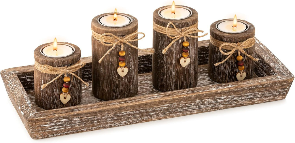Romadedi Boho Wooden Tray Candle Holder Set - Farmhouse Coffee Table Decor with 4 Tealight Holders