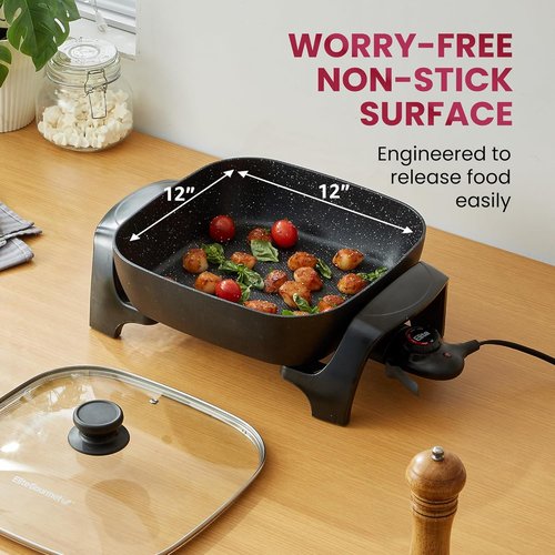 Elite Gourmet Electric Skillet - Extra Deep 12"x12"x3.2" (7.5Qt) | Non-Stick, Scratch Resistant, Dishwasher Safe, Adjustable Temperature, Black