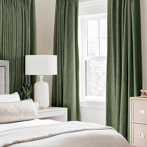 MIULEE Blackout Linen Textured Curtains - Thermal Insulated Olive Green Drapes | 52 x 63 Inch (2 Panels)