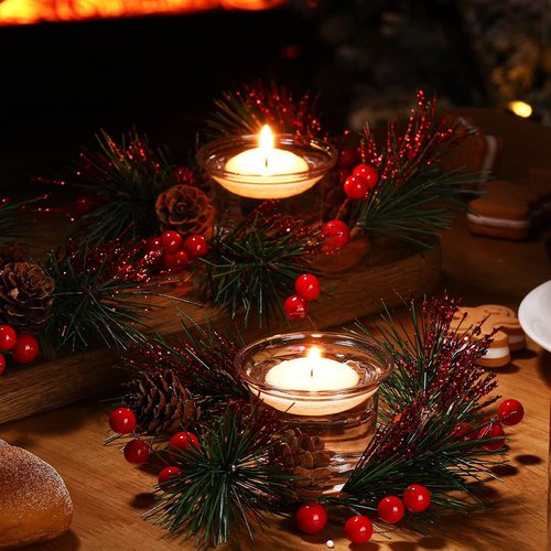 Dingion Christmas Candle Rings Set - 8 Pieces with Berry & Pinecone Holders for Votive Tapers | Wedding Decor