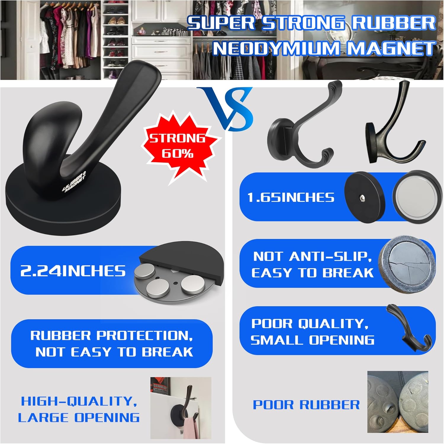 ULIBERMAGNET Strong Magnetic Coat Hooks - Heavy Duty Double Hooks for Coats, Towels & Keys | Black, 2 Pack