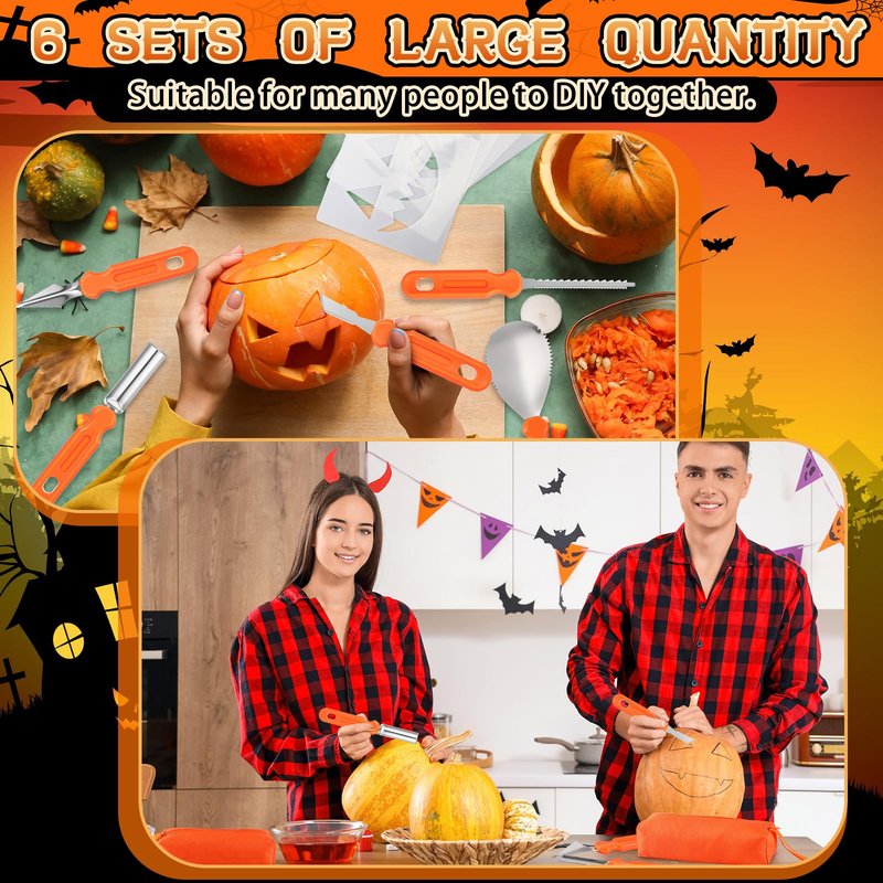 Ripeng 54 Pcs 6 Set Halloween Pumpkin Carving Kit Professional Heavy Duty Carving Tools Set Included Stainless Steel Pumpkin Tools with Storage Bag Bucket Stencils for Party Halloween Decor
