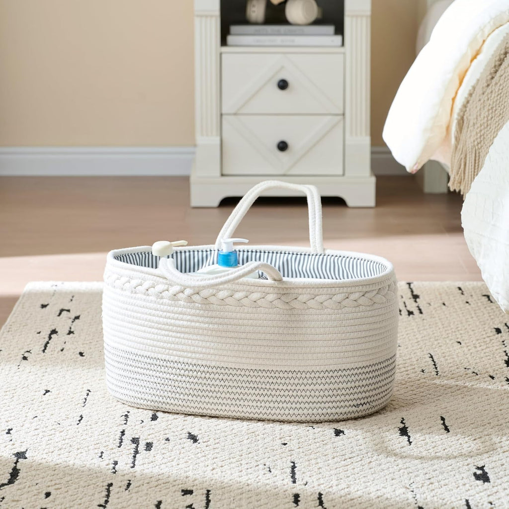 Skiennix Luxury Diaper Caddy Organizer - Large Cotton Rope Baby Basket for Nursery Storage | Off White