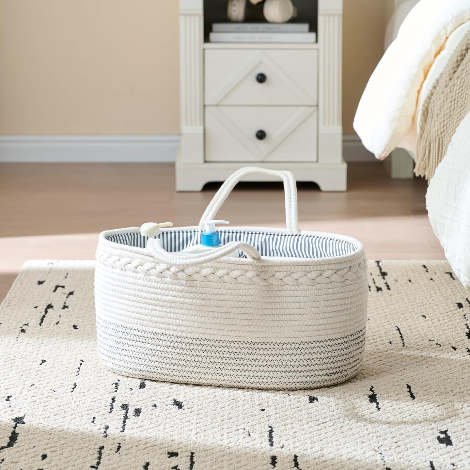 Skiennix Luxury Diaper Caddy Organizer - Large Cotton Rope Baby Basket for Nursery Storage | Off White