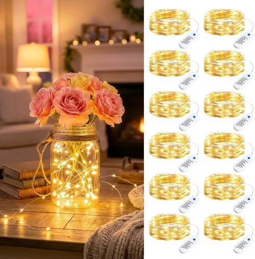 Minetom Fairy Lights - 12 Pack Battery Operated String Lights | 8 Modes, 7ft, 20LED Warm White, Waterproof Silver Wire for DIY Decor & Parties