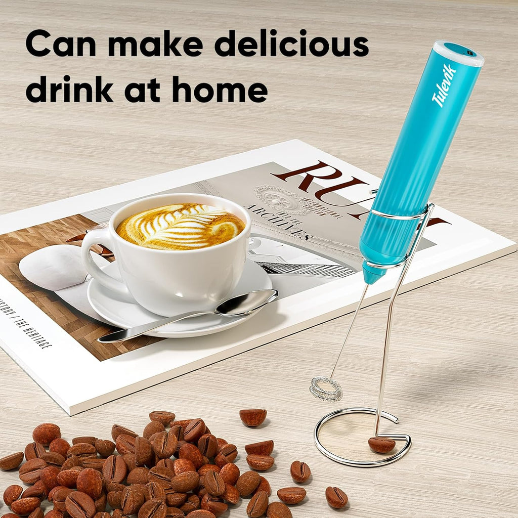 Skiennix Handheld Milk Frother - Electric Whisk with 3 Speeds & USB Rechargeable | Mini Frother for Coffee, Latte, Cappuccino - Blue