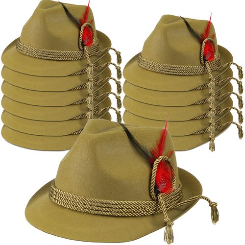 Hoosige 12 Pcs Oktoberfest Hats German Hats with Feather Bavarian Hats Costume Felt Hat for Halloween Adult Cosplay(Green Feather)